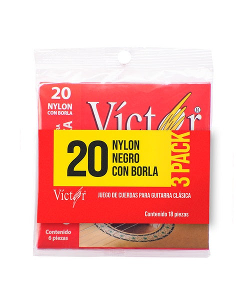 Víctor Encordaduras para Guitarra Clásica VCGS-20-3P Nylon Negro + Entorcado Tumbaga Dorado con Borla, 3 Pack
