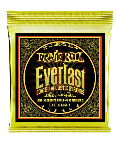Ernie Ball Encordadura Everlast Extra-Light Coated 80/20 Bronze 2560, Guitarra Acústica, 10-50