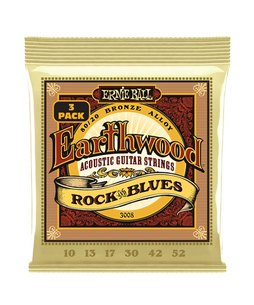 Encordaduras Ernie Ball Earthwood Rock & Blues Bronce 80/20 3008 3 Pack para Guitarra Acústica 10-52