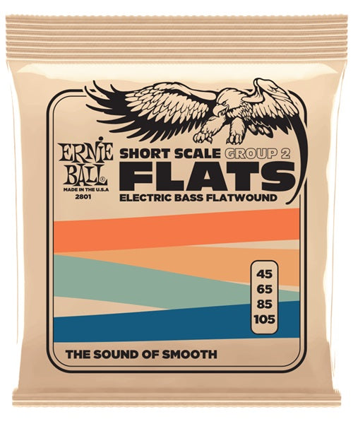 Encordadura Ernie Ball Flatwound Short Scale Group 2 Acero Inoxidable 2801 para Bajo Eléctrico 45-105