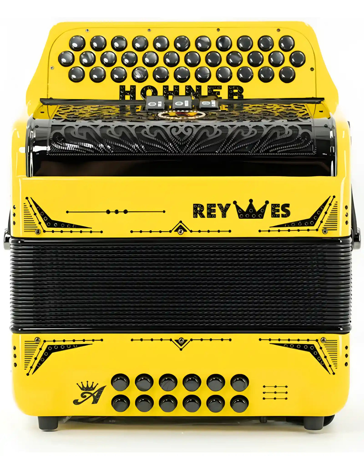Acordeón Diatónico Hohner A6500-29 Anacleto Rey Especial II Fa-Sib-Mib Amarillo Brillante 3 Registros con Estuche