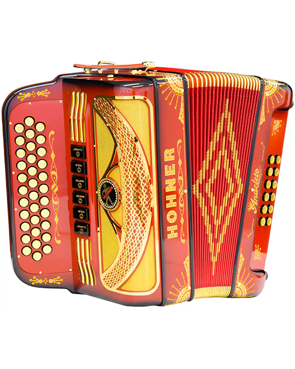 Acordeón Diatónico Hohner A8000-FBBEB/EAD-RR Anacleto Norteño Fa-Sib-Mib/Mi-La-Re Rojo/Dorado con Estuche