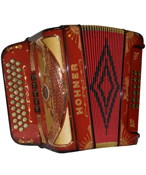 Hohner Acordeón Diatónico Fa-Sib-Mib Rojo/Dorado A9700-FBBEB-RR con Estuche, Anacleto ''Norteño''