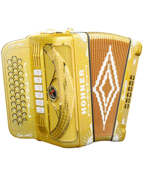 “Exclusiva en Veerkamp Online” Hohner Acordeón Diatónico Fa-Sib-Mib/Mi-La-Re Dorado A8000-FBBEB/EAD-HLDG con Estuche, Anacleto ''Norteño''