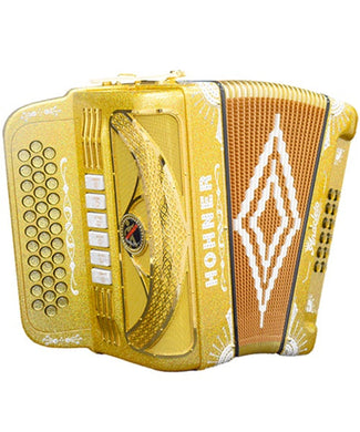 “Exclusiva en Veerkamp Online” Hohner Acordeón Diatónico Fa-Sib-Mib/Mi-La-Re Dorado A8000-FBBEB/EAD-HLDG con Estuche, Anacleto ''Norteño''