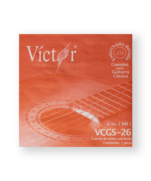 Cuerda Víctor VCGS-26-6 para Guitarra Clásica, 6A, Entorchado Dorado con Borla, 6 piezas