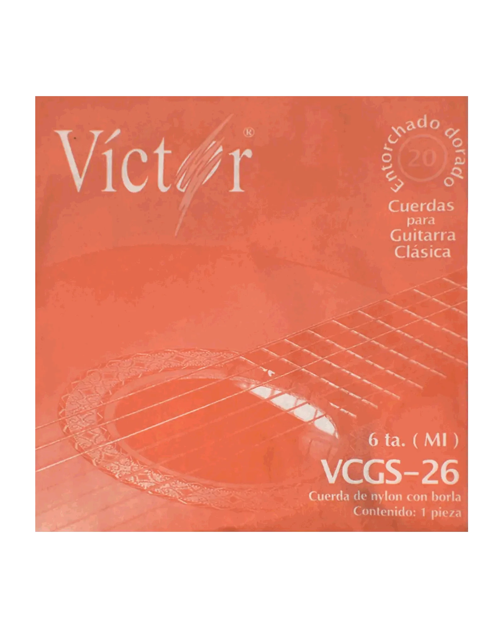 Cuerda Víctor VCGS-26-6 para Guitarra Clásica, 6A, Entorchado Dorado con Borla, 6 piezas