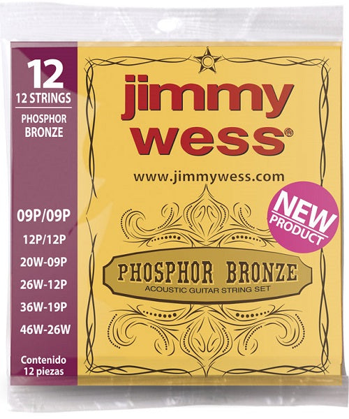 Encordadura Jimmy Wess JWGA-1012BF Bronce Fosforado para Guitarra Acústica de 12 Cuerdas 9-46
