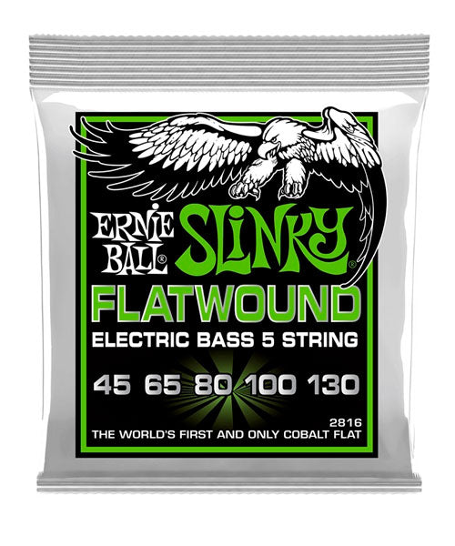 Encordadura Ernie Ball Regular Slinky Flatwound 2816 para Bajo Eléctrico de 5 Cuerdas 45-130