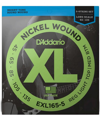 D'Addario Encordadura para Bajo Eléctrico 5 Cuerdas EXL165-5, Nickel Wound Long Scale, 0.045-0.135