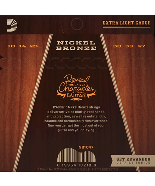 D'Addario Encordadura Extra Light NB1047, Guitarra Acústica Nickel Bronce, 10-47