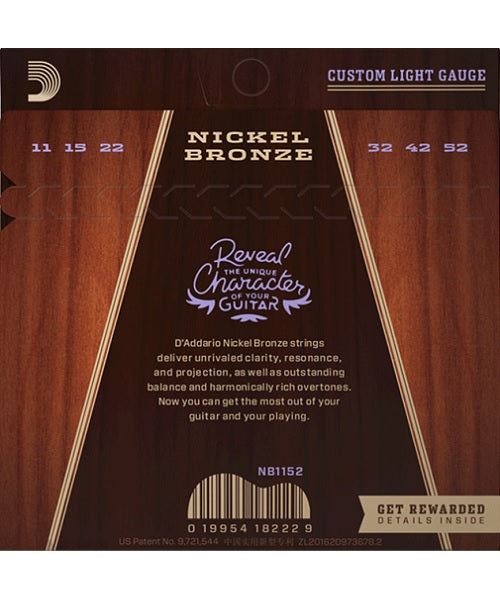 D'Addario Encordadura Custom Light NB1152, Guitarra Acústica Nickel Bronce, 11-52