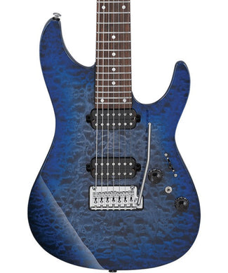 Ibanez Guitarra Eléctrica 7 Cuerdas Entintado Azul/Sombreado Azul AZ427P2QM-TUB con Funda, Serie AZ Premium