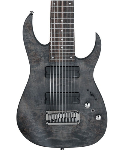 Exclusiva en Veerkamp Online Ibanez Guitarra Eléctrica 9 Cuerdas Gris Transparente Mate RG9PB-TGF, Serie RG Axe Design Lab