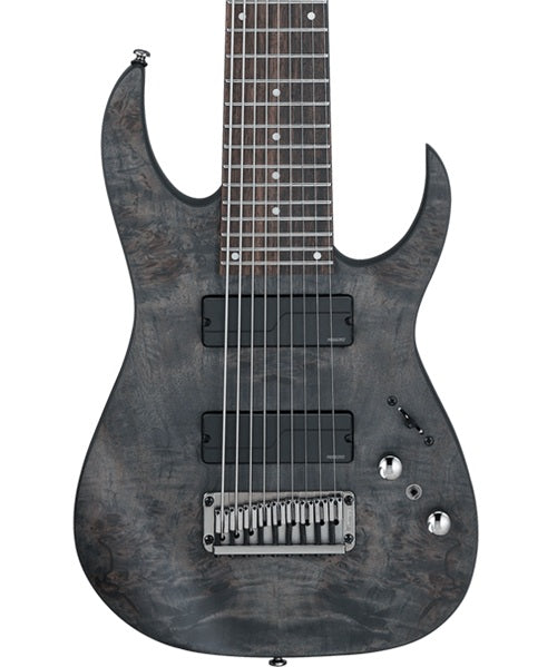 “Exclusiva en Veerkamp Online” Ibanez Guitarra Eléctrica 9 Cuerdas Gris Transparente Mate RG9PB-TGF, Serie RG Axe Design Lab