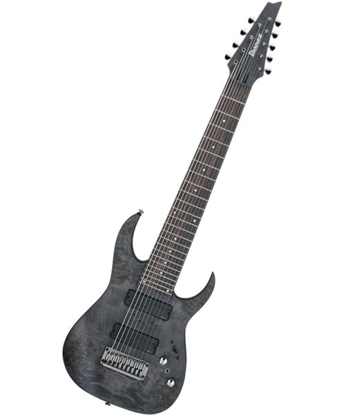 Exclusiva en Veerkamp Online Ibanez Guitarra Eléctrica 9 Cuerdas Gris Transparente Mate RG9PB-TGF, Serie RG Axe Design Lab