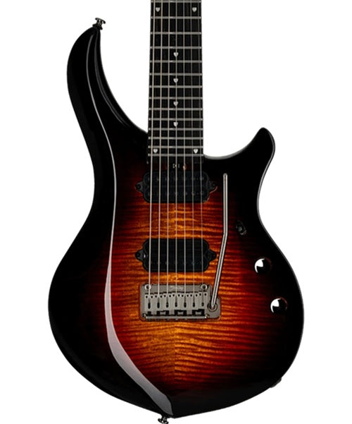 “Exclusiva en Veerkamp Online” Sterling by Music Man Guitarra Eléctrica 7 Cuerdas Entintado Ambar/Sombreado Negro ST-MAJ270XFM-TGEE1WB con Funda, Serie Majesty 7 DiMarzio