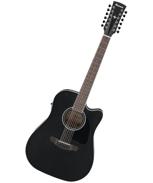 Ibanez Guitarra Electroacústica 12 Cuerdas Okume Negro Erosionado Mate AW8412CE-WK, Serie Artwood