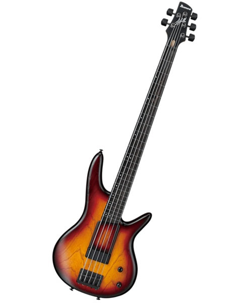 Exclusiva en Veerkamp Online Ibanez Bajo Eléctrico 5 Cuerdas Ámbar Transparente/Sombreado Rojo/Negro GWB205-TQF con Funda Fretless, Gary Willis