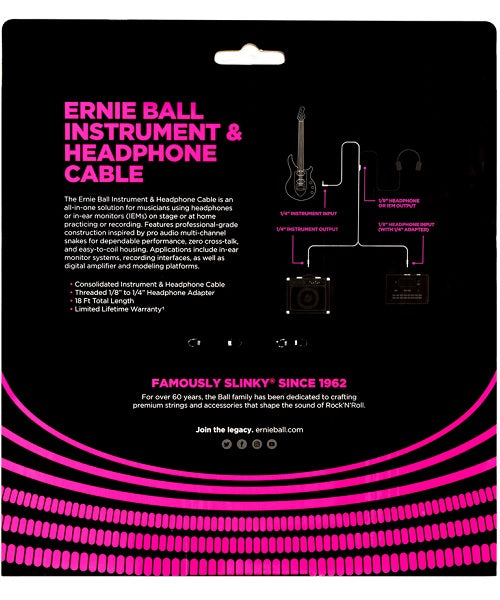 Ernie Ball Cable para Instrumento/Auriculares 6411 Negro 5.4864 Mts. Recto/Angulado/Recto