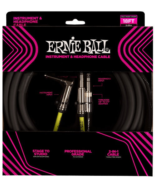 Cable Ernie Ball 6411 para Instrumento y Audífonos Negro Recto/Angulado/Recto 5.48m