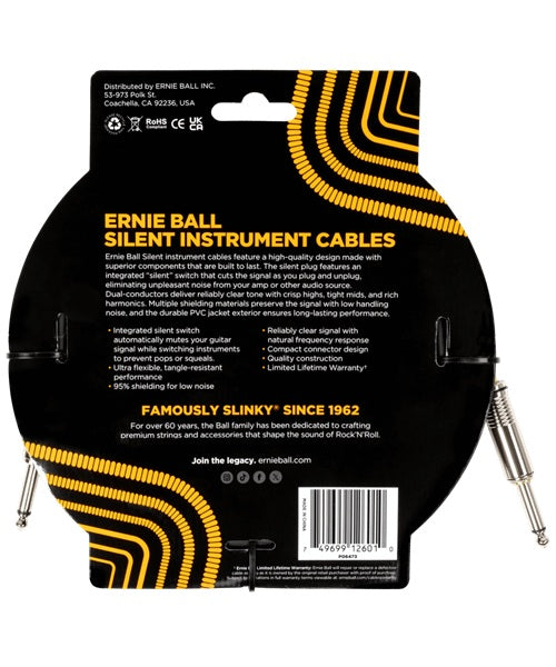 Ernie Ball Cable 6473 Negro 6.096 Mts. Recto/Recto, Classic Silent