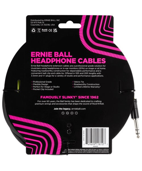 Ernie Ball Cable de Extensión para Auriculares 6422 Negro 3.048 Mts. 1/4 - 3.5mm