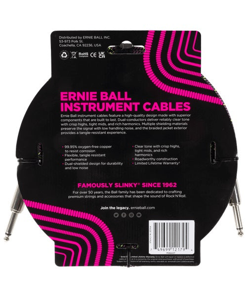 Ernie Ball Cable Braided 6427 Morado/Rosa/Verde 3.048 Mts. Recubierto Recto/Recto