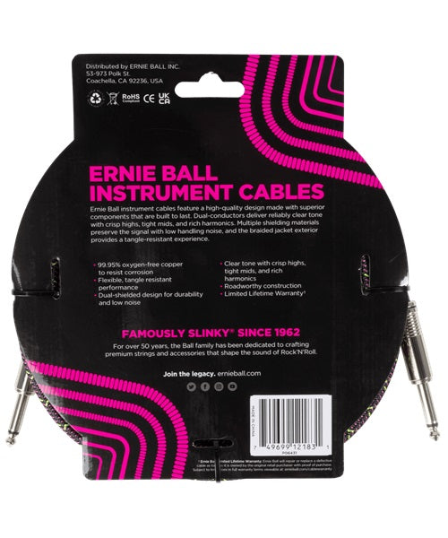 Ernie Ball Cable Braided 6431 Morado/Rosa/Verde 5.486 Mts. Recubierto Recto/Recto