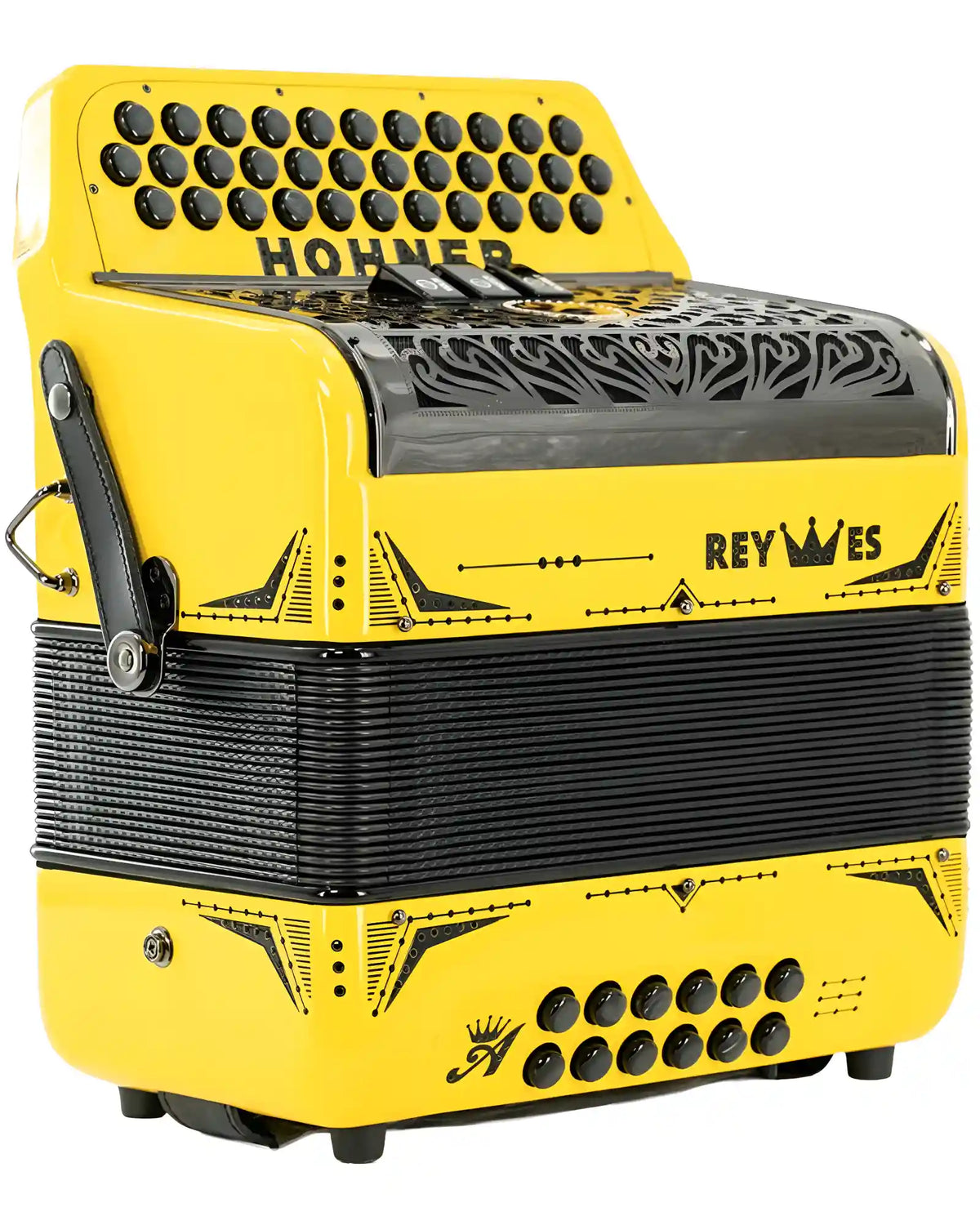 Acordeón Diatónico Hohner A6500-29 Anacleto Rey Especial II Fa-Sib-Mib Amarillo Brillante 3 Registros con Estuche
