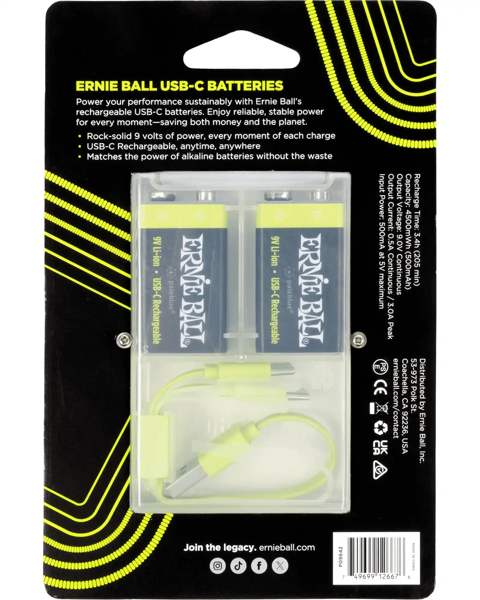 Baterías Recargables Ernie Ball Gruve Gear 9642 USB-C 9V, 2 PZAS