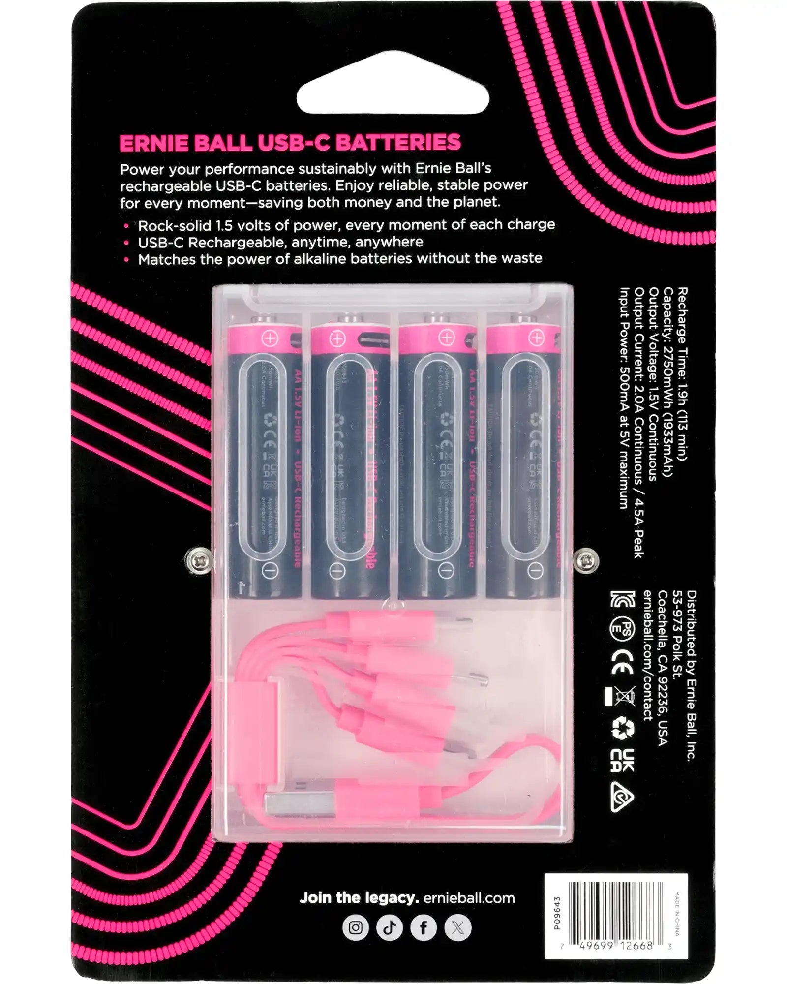 Baterías Recargables Ernie Ball Gruve Gear 9643 USB-C AA, 4 PZAS