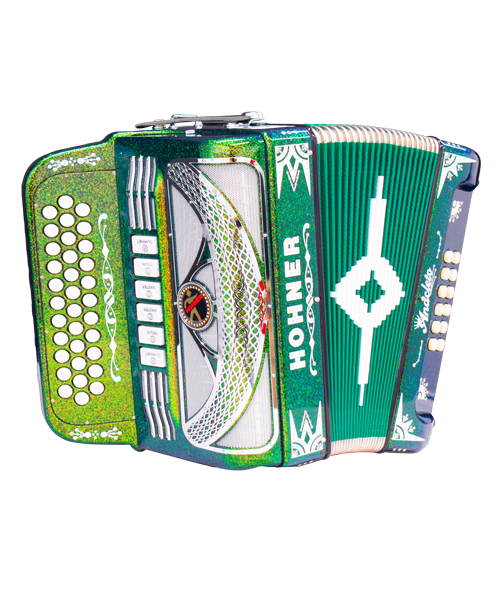Exclusiva en Veerkamp Online Hohner Acordeón Diatónico Fa-Sib-Mib/Mi-La-Re Verde Oscuro A8000-FBBEB/EAD-SCRB con Estuche, Anacleto ''Norteño''