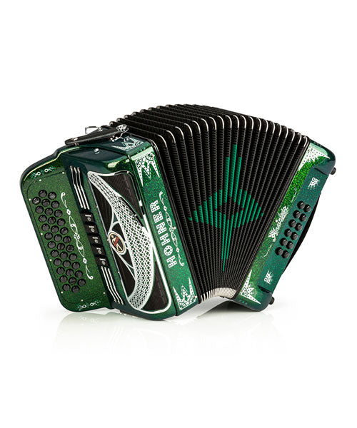 Exclusiva en Veerkamp Online Hohner Acordeón Diatónico Anacleto Fa-Sib-Mib Verde con Estuche A9700-FBBEB-SCRB "Norteño"