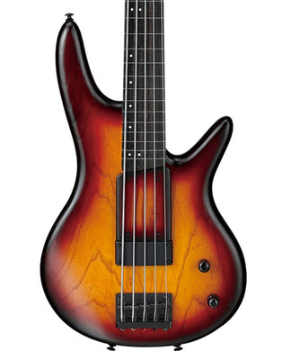 “Exclusiva en Veerkamp Online” Ibanez Bajo Eléctrico 5 Cuerdas Ámbar Transparente/Sombreado Rojo/Negro GWB205-TQF con Funda Fretless, Gary Willis