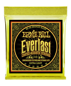 Ernie Ball Encordadura Everlast Extra-Light Coated 80/20 Bronze 2560, Guitarra Acústica, 10-50