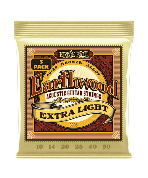 Ernie Ball Encordadura "Earthwood 80/20 Extra Light - 3 Pack" 3006, Guitarra Acústica Bronce 0.010-0.050