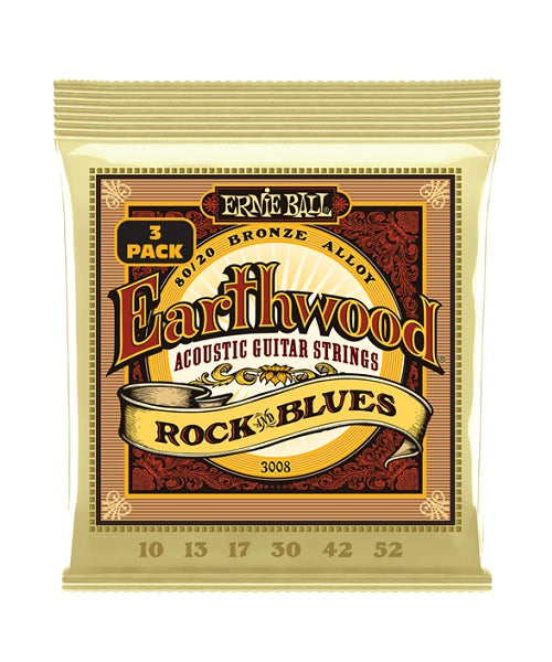 Ernie Ball Encordadura "Earthwood 80/20 Rock & Blues - 3 Pack" 3008, Guitarra Acústica Bronce 0.010-0.052
