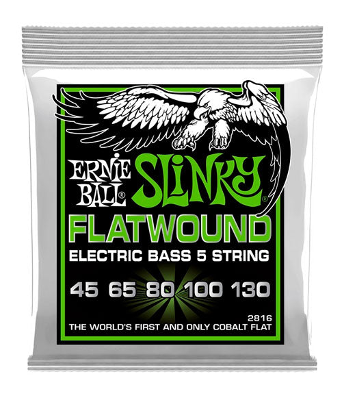 Ernie Ball Encordadura "Regular Slinky Flatwound" 2816, Bajo Eléctrico 5 Cuerdas, 45-130