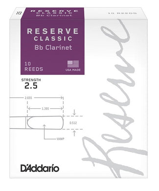 D'Addario Woodwinds Cañas Reserve Classic para Clarinete Si Bemol 2 1/2, DCT1025(10), Caja con 10 Pzas