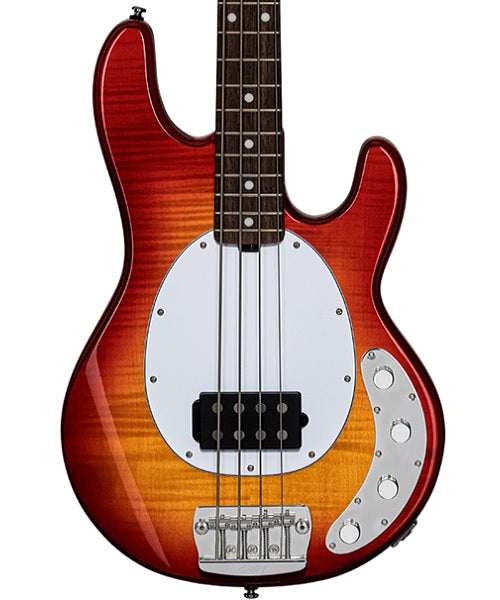 “Exclusiva en Veerkamp Online” Sterling by Music Man Bajo Eléctrico Ámbar Transparente/Sombreado Rojo con Funda RAY34FM-HCB-R2, StingRay