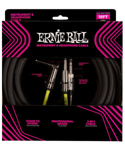 Ernie Ball Cable para Instrumento/Auriculares 6411 Negro 5.4864 Mts. Recto/Angulado/Recto