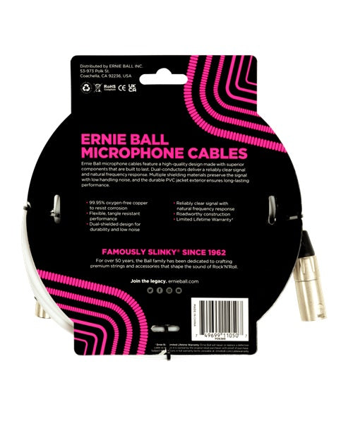 Ernie Ball Cable para Micrófono 6.096 Mts. 6389, Blanco XLR Male/Female