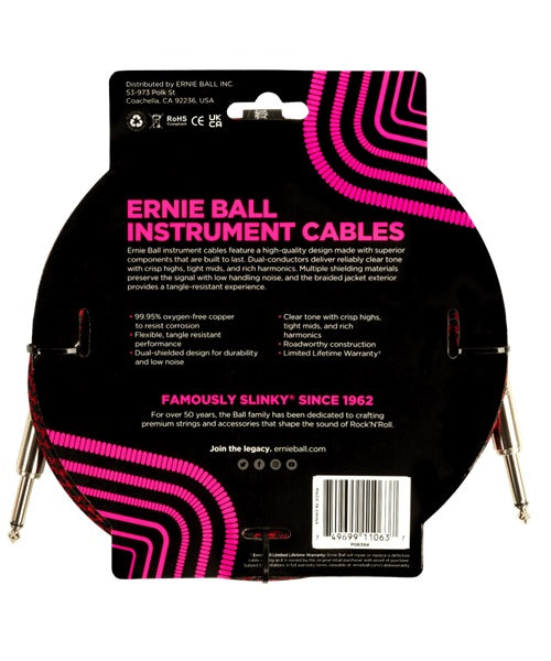 Ernie Ball Cable Braided 6394 Rojo/Negro 3.048 Mts. Recto/Recto