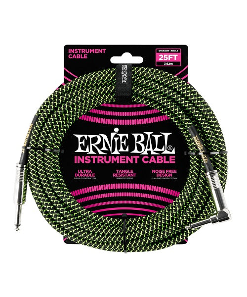 Ernie Ball Cable Braided 6066 Negro/Verde Neon 7.62 Mts. Recto/Angulado
