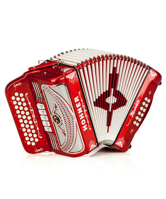 “Exclusiva en Veerkamp Online” Hohner Acordeón Diatónico Anacleto Fa-Sib-Mib Rojo/Plata con Estuche A9700-FBBEB-TSLRD 